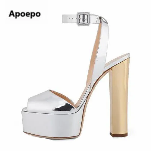 Apoepo Patent Leather/Sequins Platform Sandals Women Shoes Buckle Style Chunky High Heels Sandals Lady Block Heel Pumps hot sale allbitefo hot sale patent leather high heels platform women pumps high heel shoes women shoes spring shoes sapatos femininos