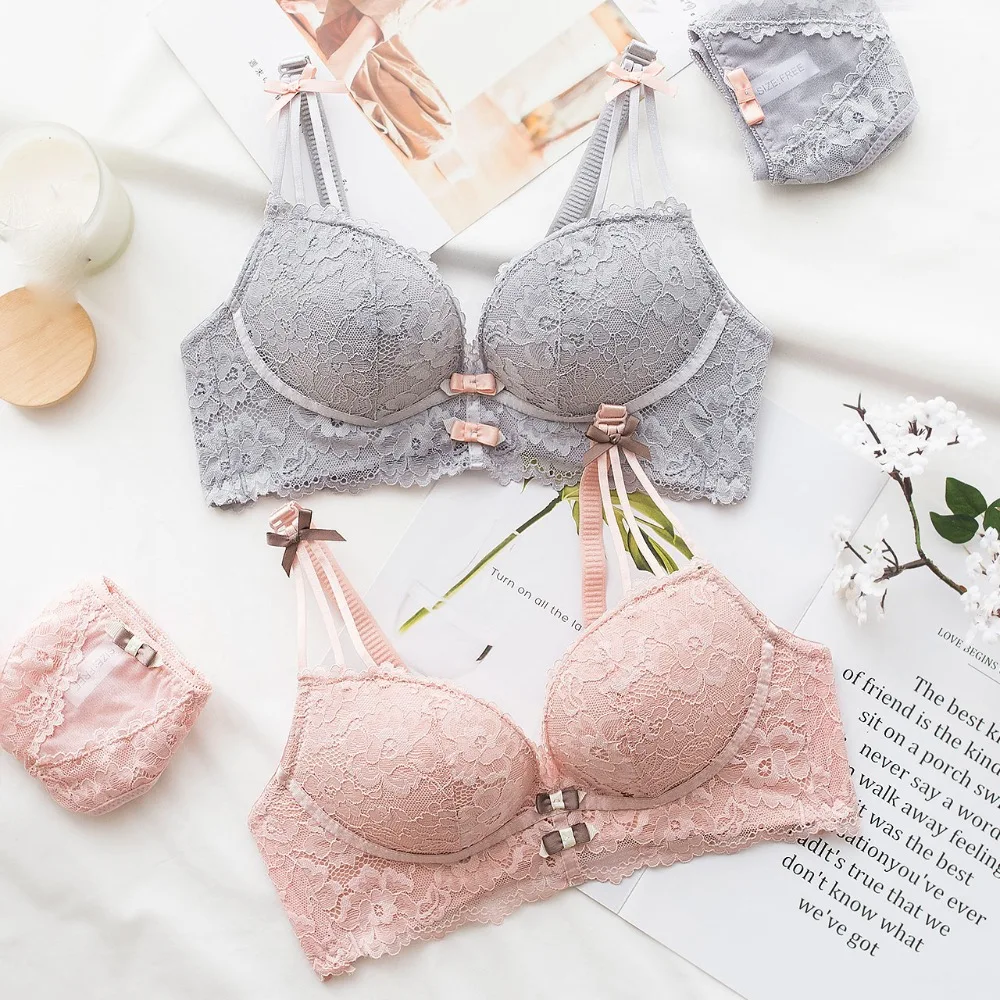 

Japanese sexy lingerie wireless bra set lace bow seamless women underwear small young girls push up bras new arrival intimates
