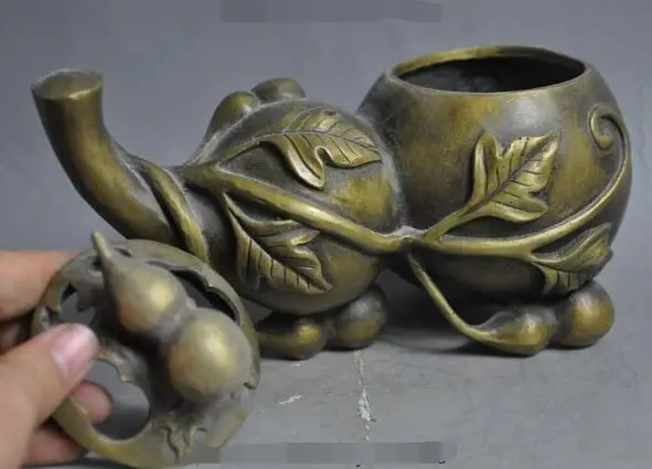 

S1266 7" mark chinese pure bronze Gourd Calabash Cucurbit statue incense burner Censer