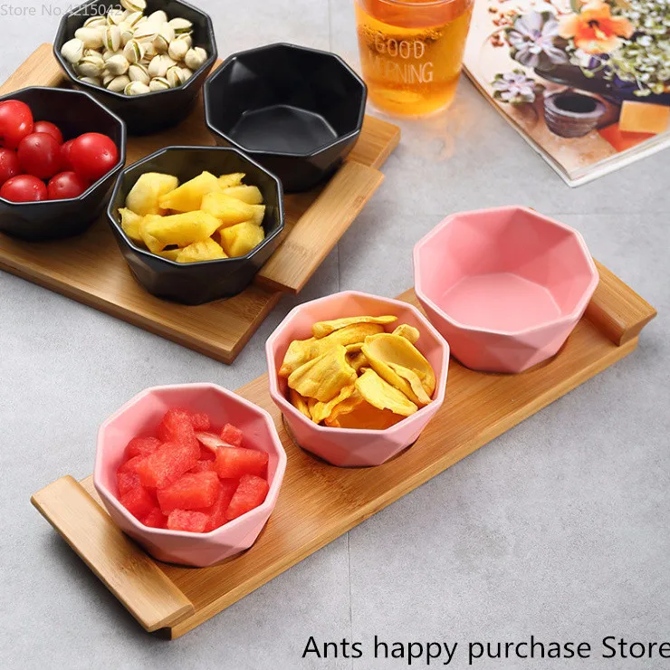 

Four/Five-piece Set Fruits Platter Serving Trays Creative Ceramic Dish Plates for Snacks/Nuts/Desserts Eco Natural Bamboo Tray