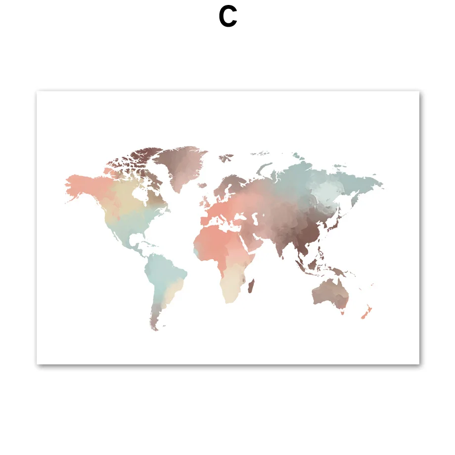 Карта мира акварелью Жираф Пейзаж стены Искусство Холст Живопись скандинавские плакаты и принты настенные картины для декора гостиной - Цвет: C