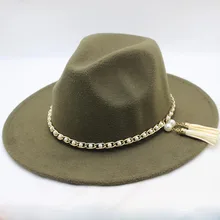 SUOGRY модные Для мужчин Для женщин Винтаж шерсть фетровая Панама джазовая, шляпа фетровой жемчуг ремешок шириной элегантные черные шапки