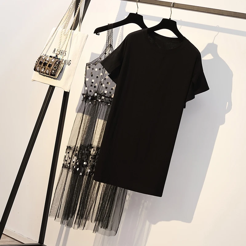 Женское чёрное платье 5XL, наборы,, Сплошные длинные футболки+ сетка, алмазные сплайсированные сетчатые Спагетти ремни, 2 предмета, платье, набор размера плюс