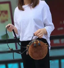 Fall winter real sheep fur hair+genuine leather women shoulder circular bag Luxury warm feminina ladies bag for evening ball