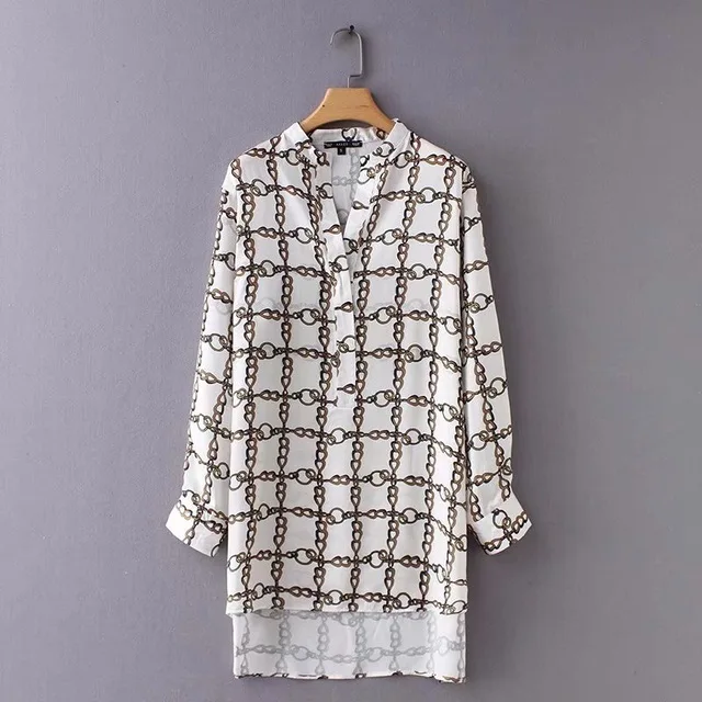 

women vintage v neck chain printing long blouse long sleeve autumn chic shirt women retro casual femininas blusas tops