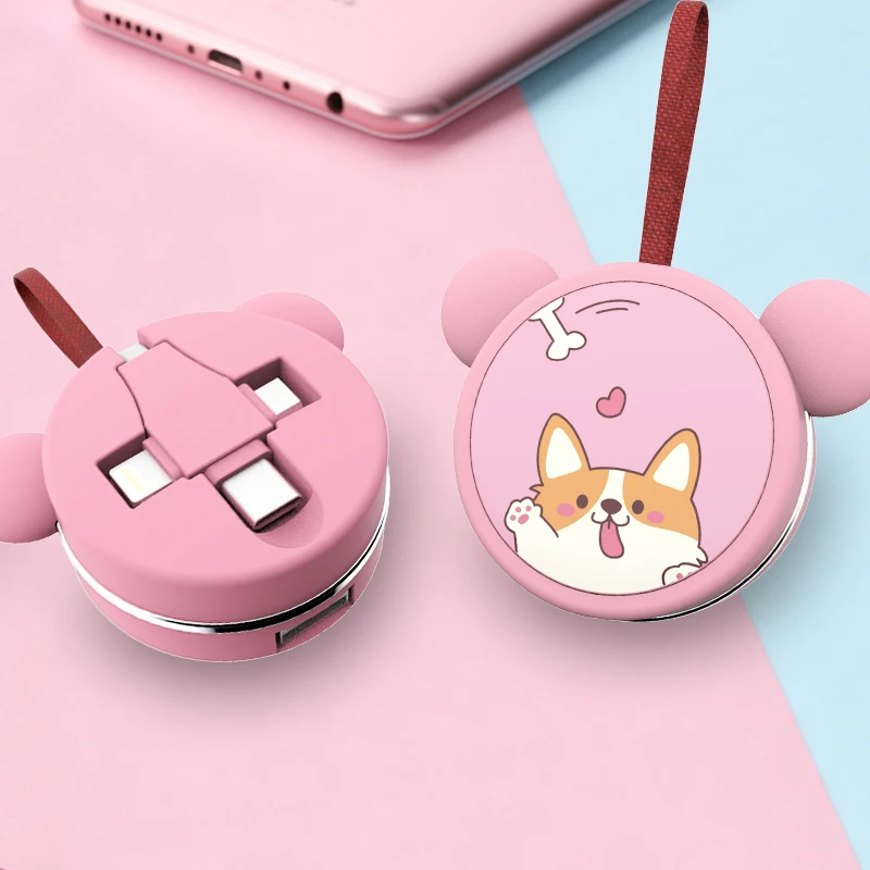 

2018 portable cute charger Multi-function three in one apple android type-c cable one pull three pull expansion cable