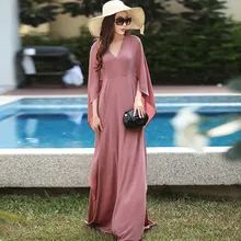 Шифон Длина Макси платья женские осень г. плюс Размеры 2/3 Бабочка рукавом Винтаж однотонное розовое пляжное платье, праздничное платье