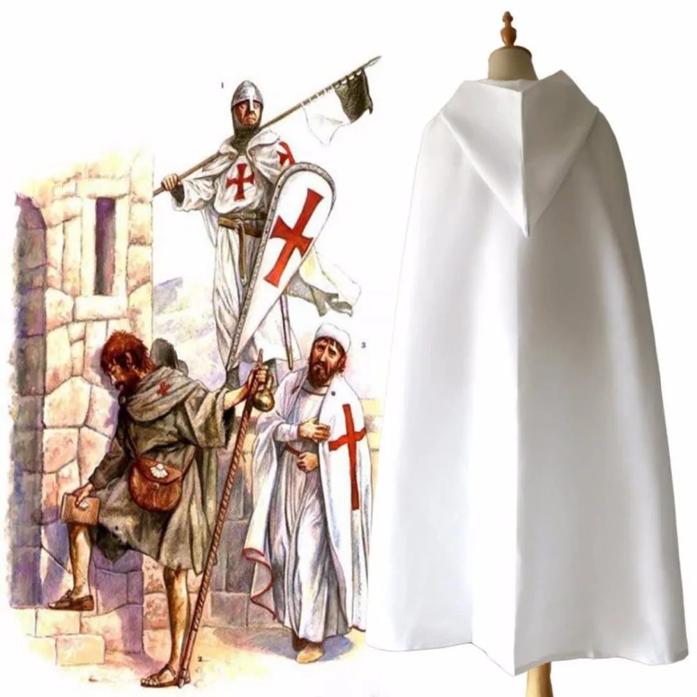 Hot Sale Halloween Medieval Costume Clothing Black Knights Costume Hospitaller Tunic Cloak Cape Men Gothic White Cross Robe