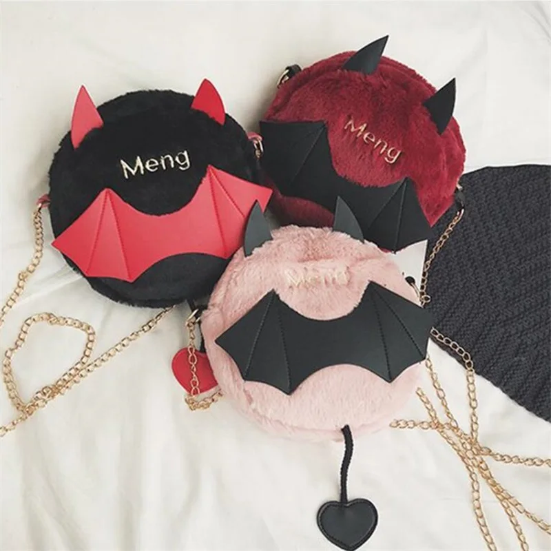 

Cute Little Devil Plush Funny Korean Chain Bag Women Messenger Bag Lolita Japanese Fall Winter Heart-shaped Tail Shoulder Bag