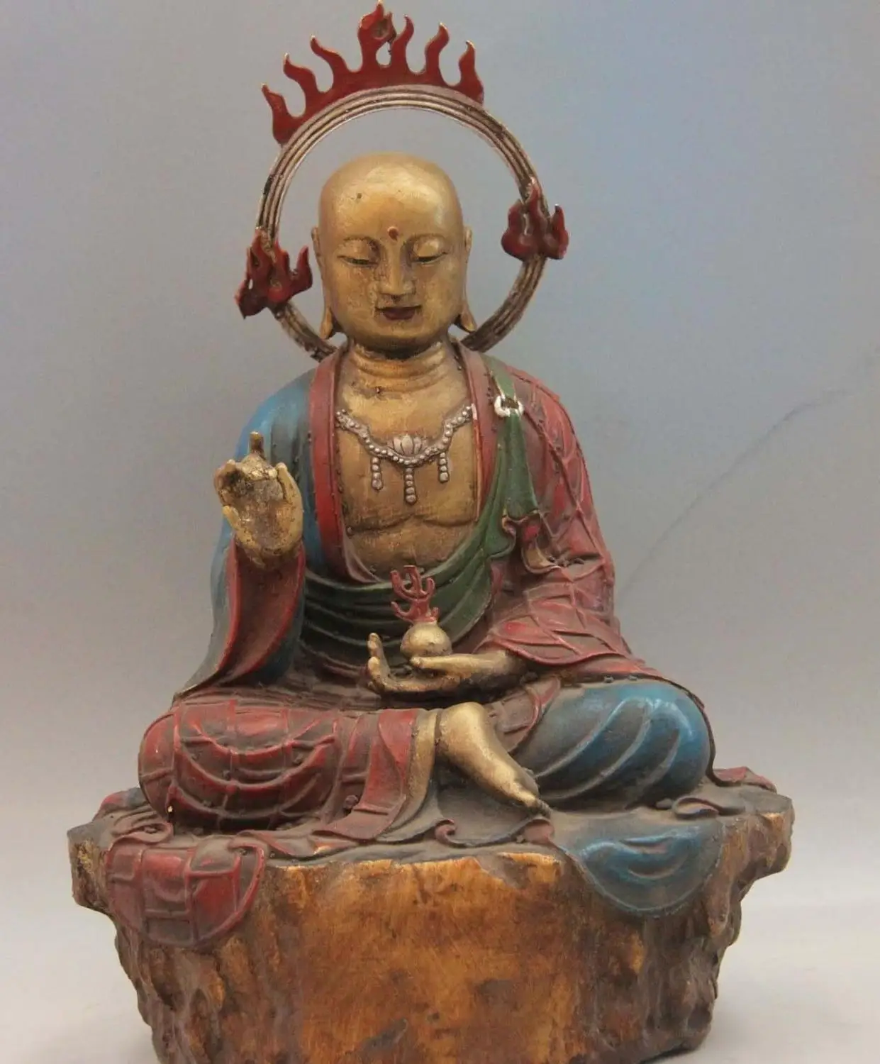 

Chinese Bronze Color Painted Ksitigarbha jizo Ksitigarbharaja King Buddha Statue