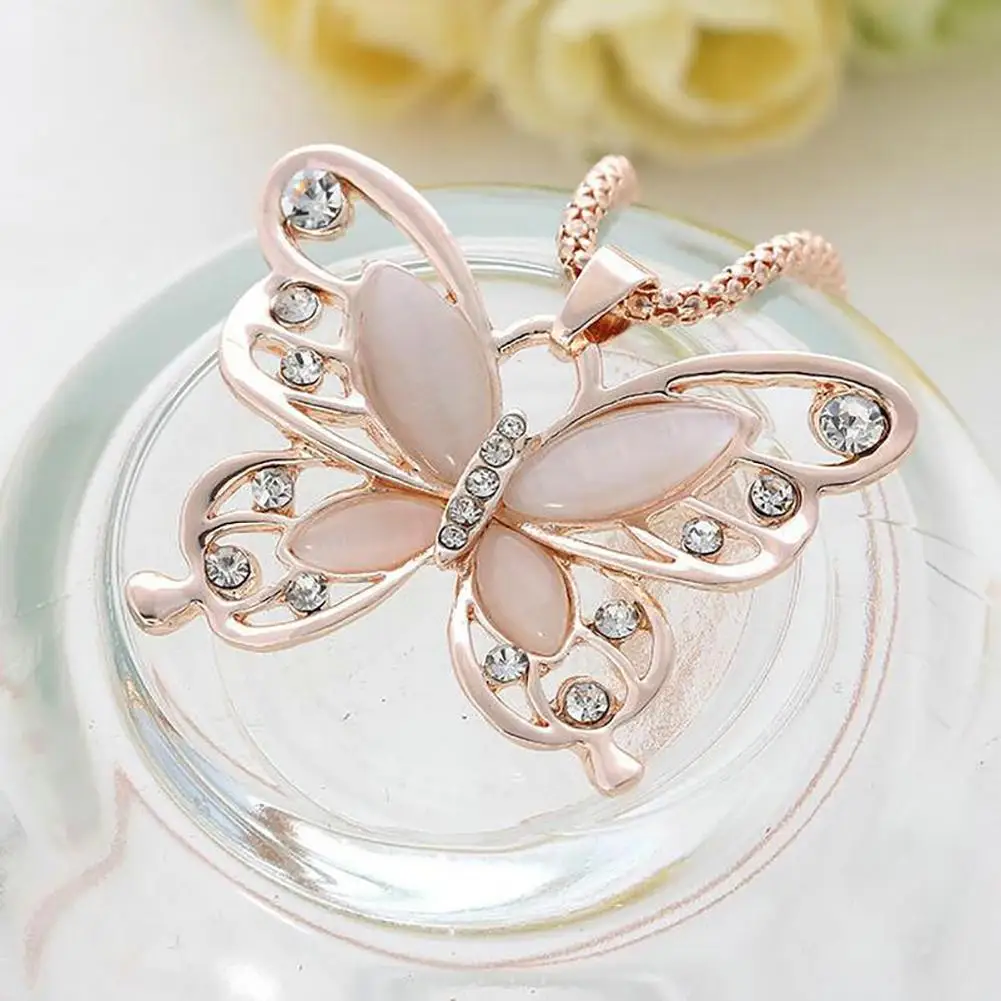 

Women's Opal Rhinestone Inlaid Butterfly Pendant Sweater Chain Necklace Jewelry New