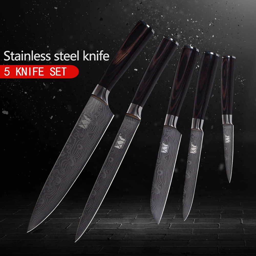 

XYj New 5PCS Set Stainless Steel Kitchen Knife Set 7Cr17mov High Hardness Chef Knive Ultra Sharp Handle Pakka Wood Handle Knife
