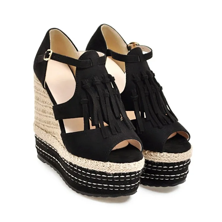Женские босоножки Новая модная летняя обувь с открытым носком и пряжкой женская обувь с кисточками на платформе и высоком каблуке 33-39 - Цвет: Черный