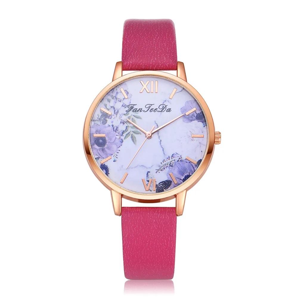 Минимализм женские часы фиолетовый цветочный Циферблат Дамы простые кварцевые наручные часы кожаный ремешок часы Повседневное платье Reloj Mujer# W - Цвет: Multicolor