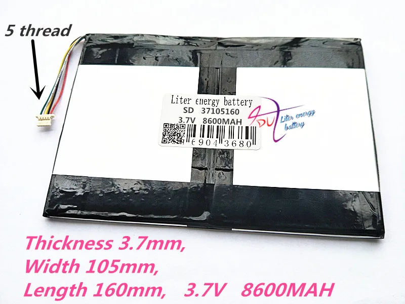 Цена 5 нить планшетный ПК батарея 37105160 3,7 V 8600 мА ч, 3780105*2 Универсальный литий ионный аккумулятор для планшетного компьютера 9 дюймов 10 дюймов 11 дюй...