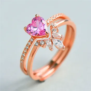 

Cute Female Princess Pink Heart Ring Set Real 925 Sterling Silver Open Ring Wedding Bands Promise Engagement Rings For Women