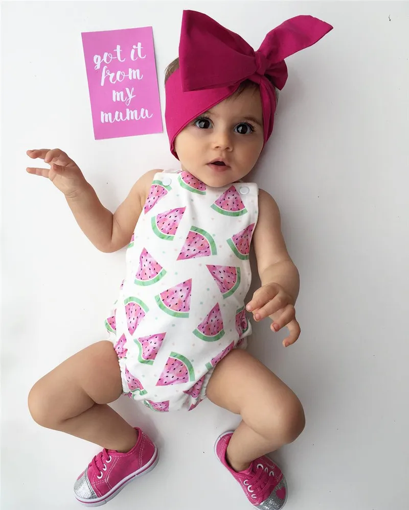 2018 Summer Cute Baby Girls Romper Jumpsuit Headband Watermelon Printed Outfits Sunsuit Set New 0-24M Children Kids Clothes Hot