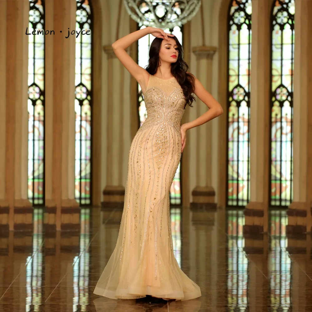 

Formal Champagne Lace Evening Dresses 2019 Crystal Beading Elegant Floor Length Mermaid Long Party Gowns vestido de noiva