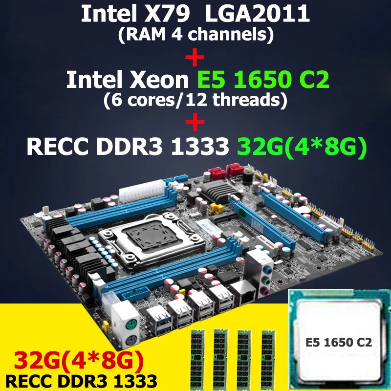 HUANAN X79 LGA 2011 motherboard CPU RAM combos Intel Xeon E5 1650 C2 CPU RAM 32G(4*8G) DDR3 REG ECC X79 ATX motherboard high end intel x79 lga 2011 motherboard micro atx lga2011 desktop mainboard usb3 0 ddr3 1333 1600 quad channel max 32g