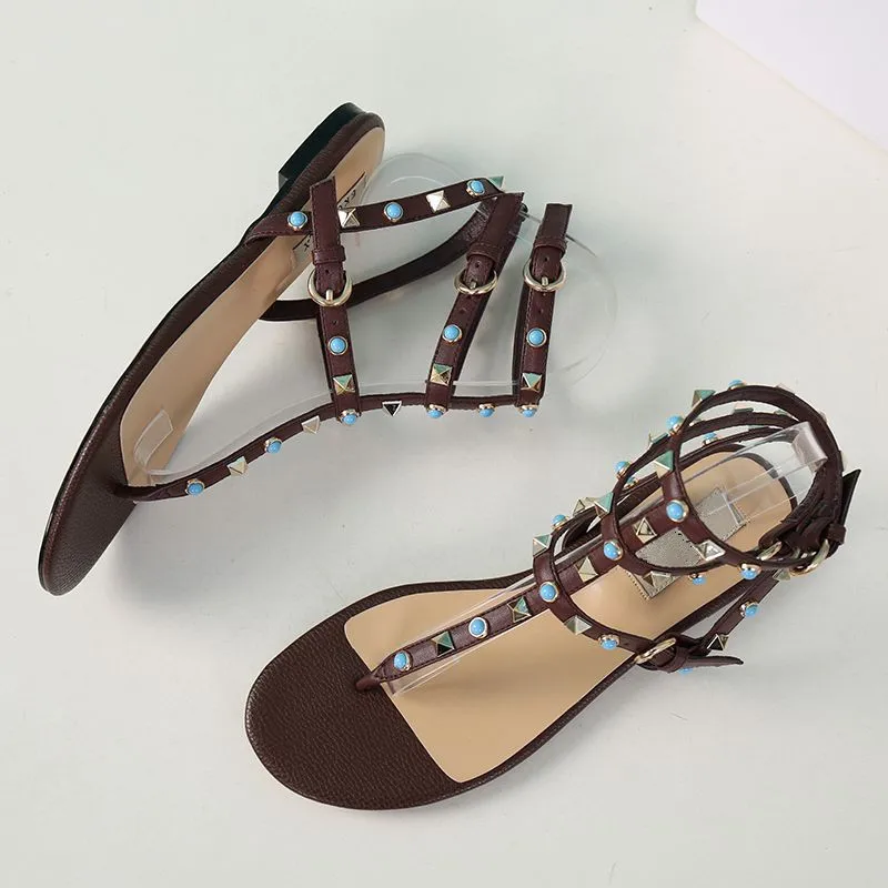 

Fitow Fashion Women's Sandals Genuine Leather Women's Flats Ankle Strap Rivets Sandals Plus Size 34-43 Summer Wome's Shoes