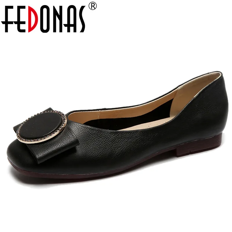 

FEDONAS Elegant Square Toe Low Heels Shallow Slip On Women Pumps Genuine Leather Butterfly Knot Basic Party Office Single Shoes