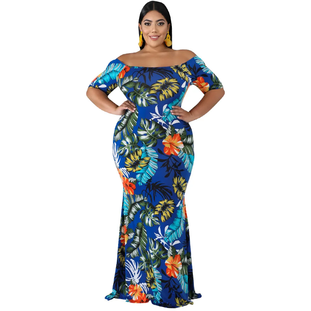 Laughido размера плюс с вырезом лодочкой облегающее Макси женское платье пляжное Бохо с коротким рукавом Vestidos летнее платье с цветочным принтом вечерние платья - Цвет: Blue Brown