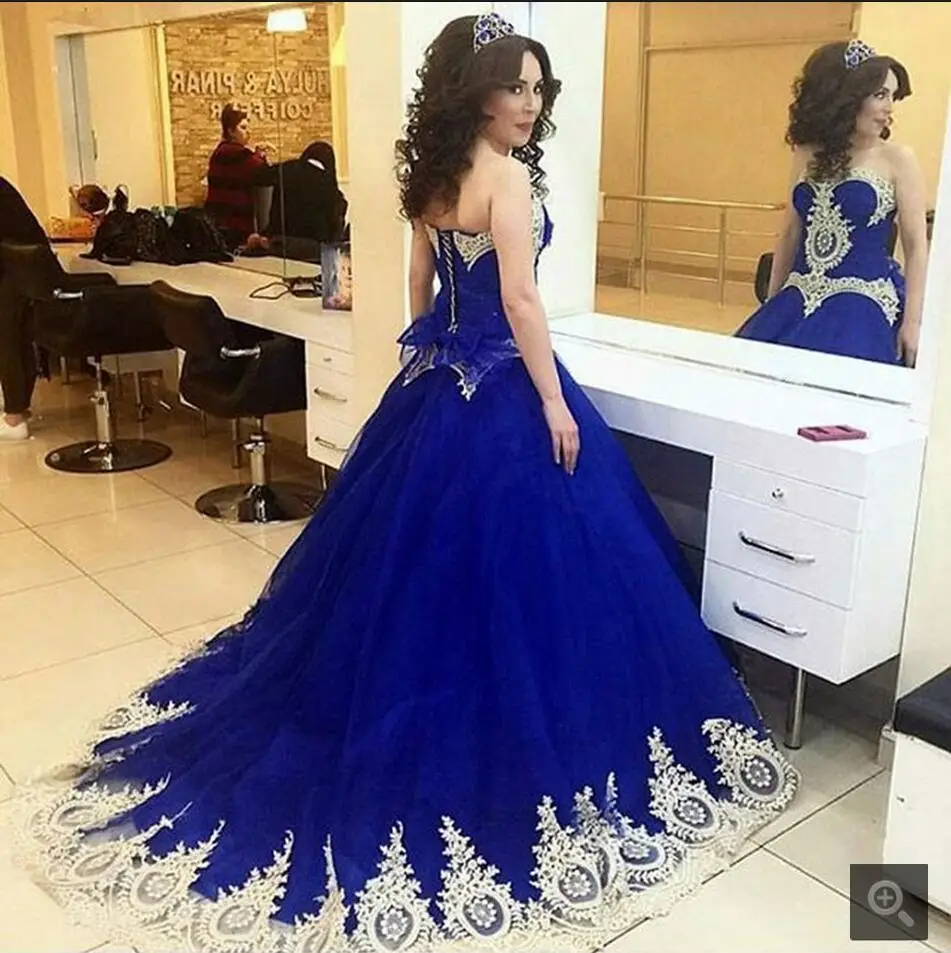 

2016 new fashion royal blue ball gown prom dress lace appliques beaded prom gowns strapless sweetheart neck prom dresses