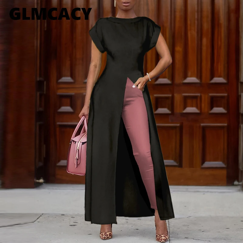  Women Short Sleeve Sexy High Slit Club Summer Dip Hem Shirt Loose Long Maxi Dress Elegant Party Shi