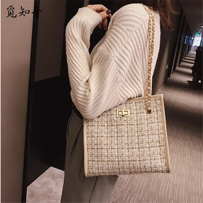 

Miyaco Women Leather Handbags Top-handle Bag Woolen Cloth Women's Bag Chic Chain Retro Joker Diagonal Sidecar Mother Bag 2019