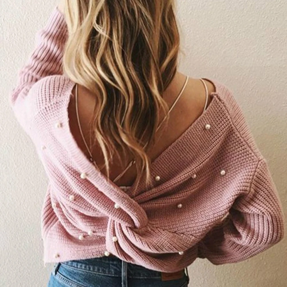 

SFIT Sexy Criss Cross Backless V Neck Knitted Women Sweater Batwing Sleeve Autumn Winter 2019 Casual Loose Pullover Jumper