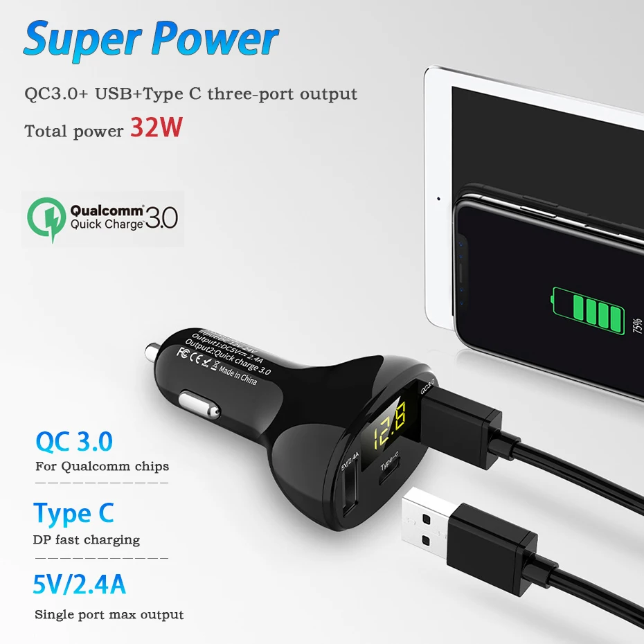Автомобильный двойной USB прикуриватель Тип C QC 3 0 зарядное устройство 5 В