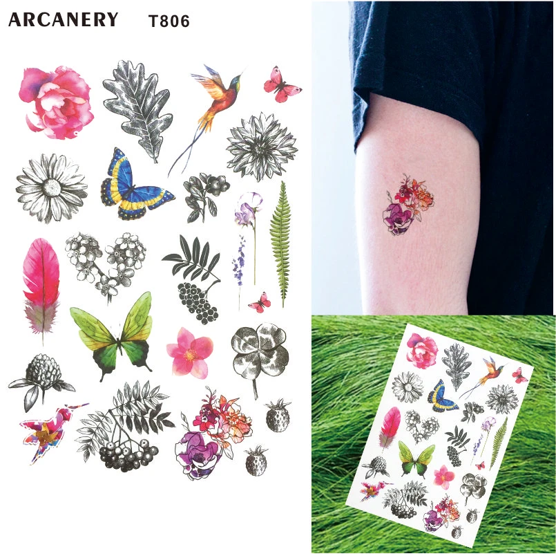 T806 1 Piece Black And Colorful Leaf Plant Temporary Tattoo With Bird Fern Sunflower And Butterfly Tattoos Pattern Body Art Temporary Tattoos Aliexpress