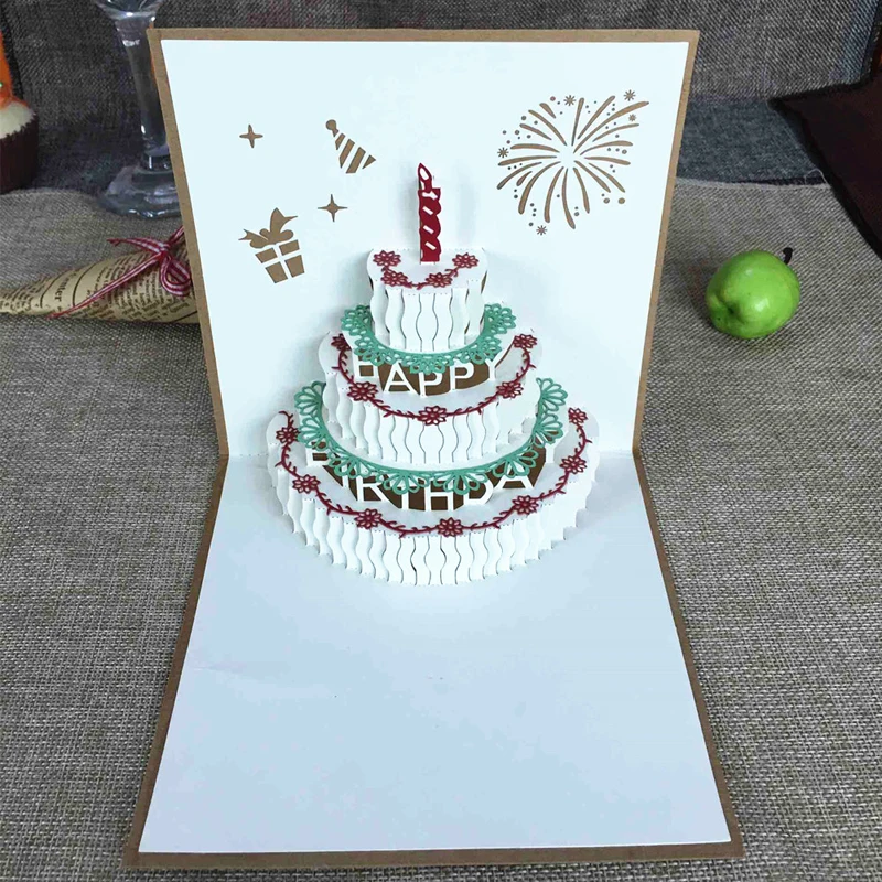 Happy Birthday Postcard Greeting Gift Cards Kraft Kirigami Blank Paper 3D Handmade Pop Up Laser Cut Vintage Cake with Envelope (7)