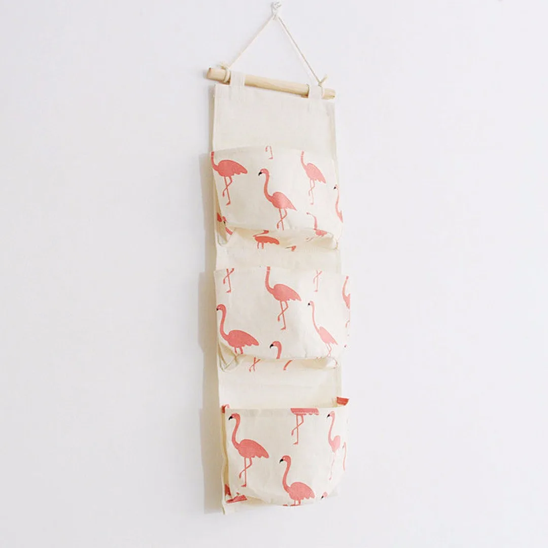 JX-LCLYL Linen 3 Layer Flamingo Storage Bag Wardrobe Hanging Bag Wall Toys Pouch Organize