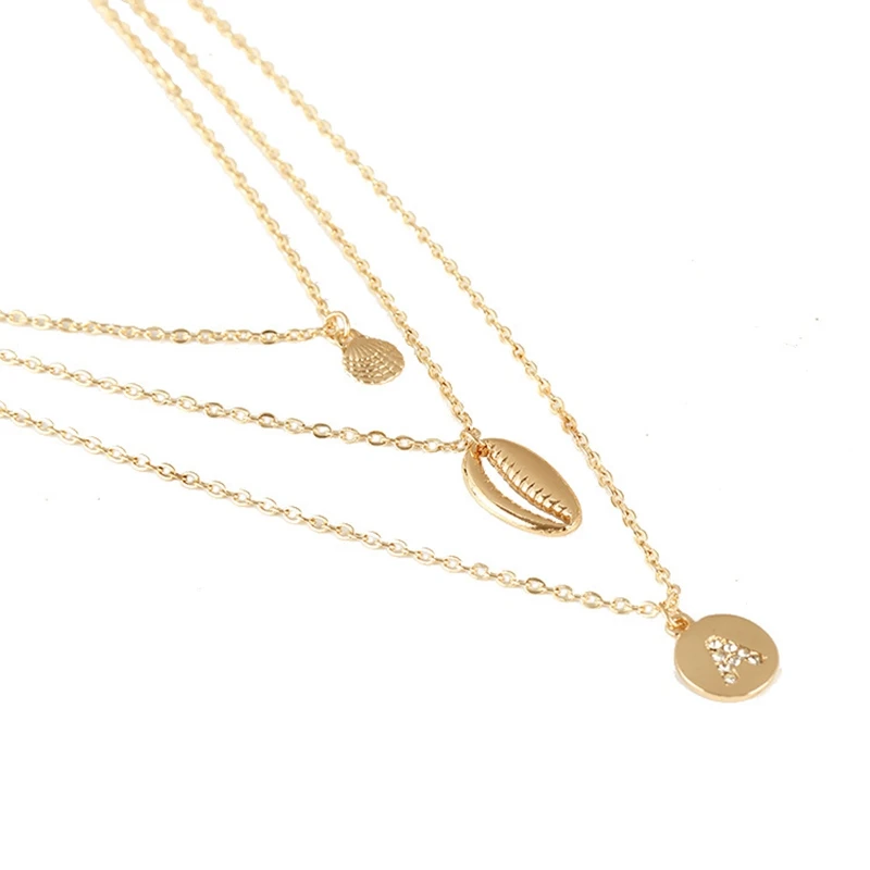 Beli Multi Layer Shell Kerang Huruf Liontin Kalung untuk Wanita Pantai Perhiasan BoHo Warna Emas Alloy Kalung Rantai Link