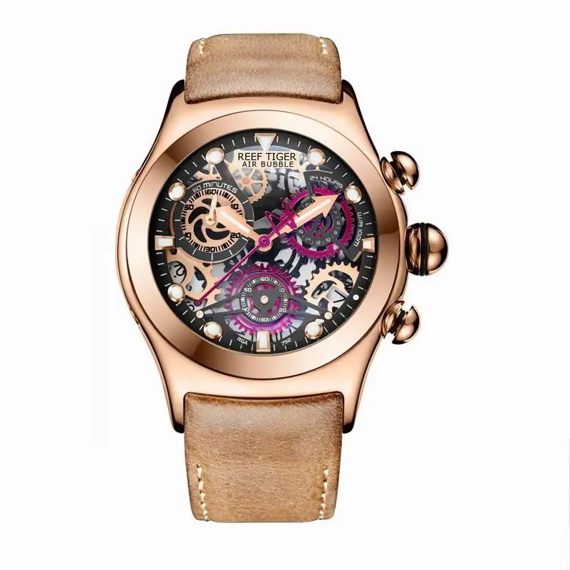 Риф Тигр/RT Хронограф Спортивные часы для мужчин Скелет циферблат с датой три счетчика светящиеся розовое золото уникальные часы RGA792 - Цвет: RGA792PBSR