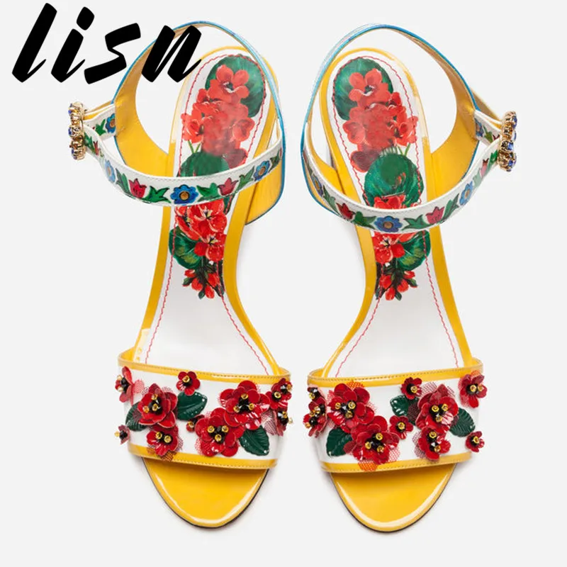 

LISN New Genuine Leather Crystal Floral Summer Sandals Open Toe Buckle Strap HIgh Heel Sandals Shoes Women