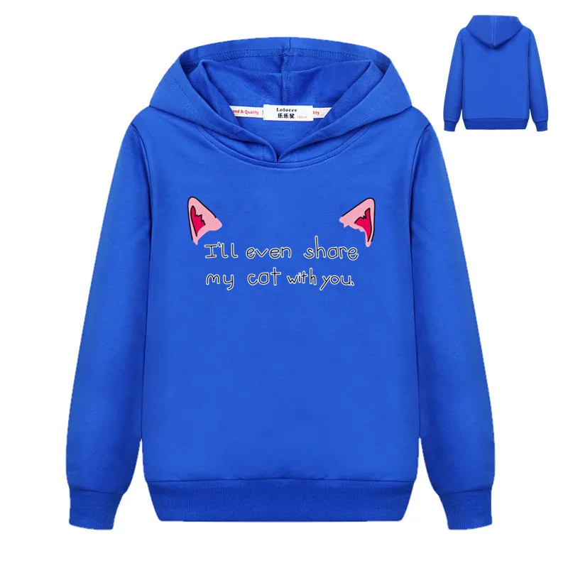 Коллекция года, весенне-осенний детский удобный пуловер с капюшоном для девочек свитер с принтом кота топ с капюшоном, базовое пальто для детей возрастом от 3 до 14 лет - Цвет: blue