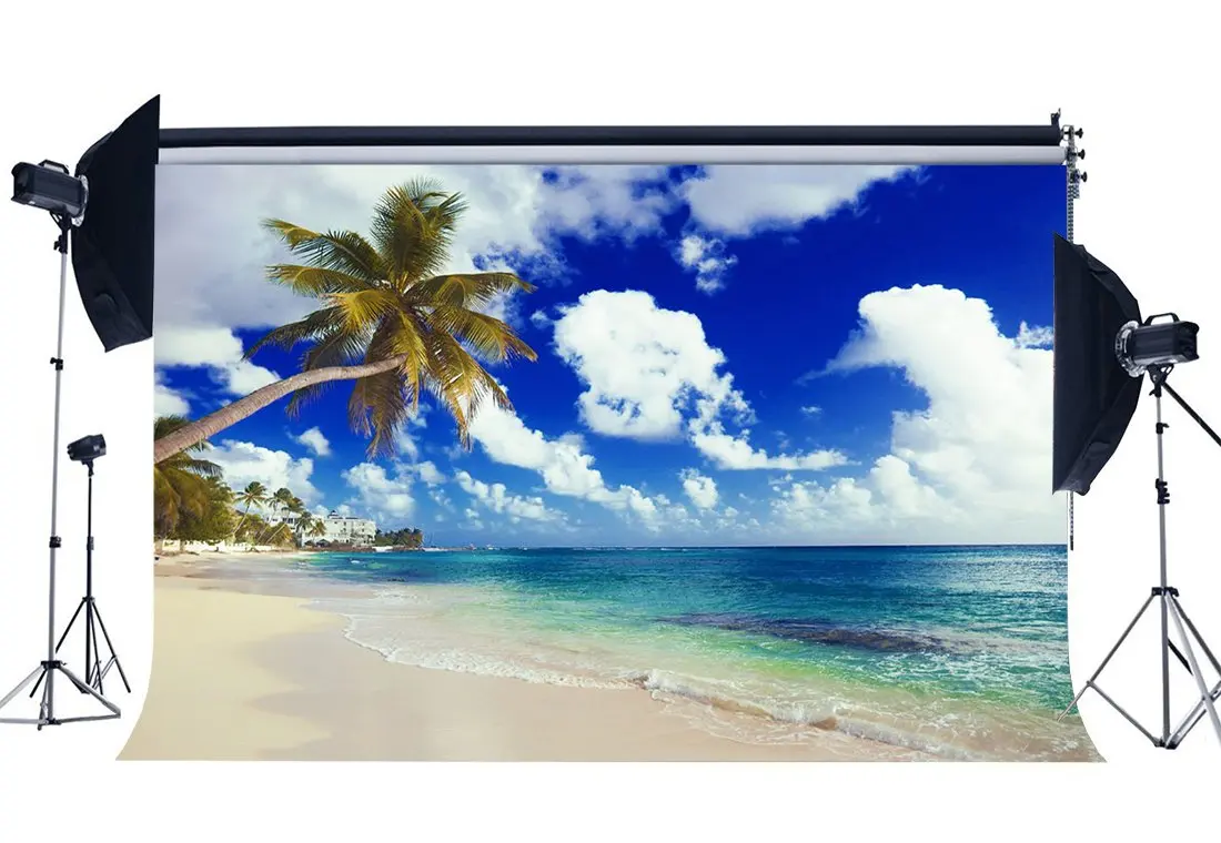 

Seaside Sand Beach Backdrop Coconut Trees Waves Blue Sky White Cloud Ocean Sailing Summer Holiday Journey Background
