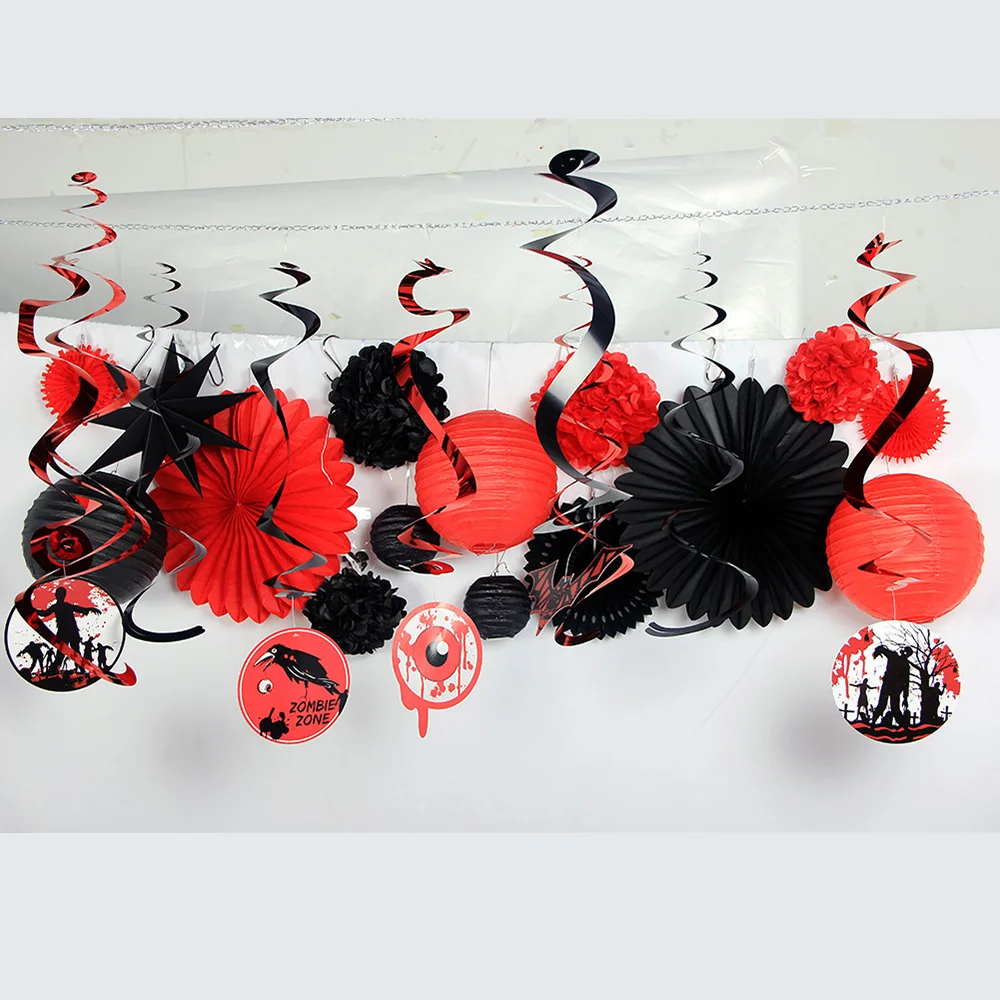 Creepy 16pcs Bloody Halloween Decoration Set Paper Fans Lanterns