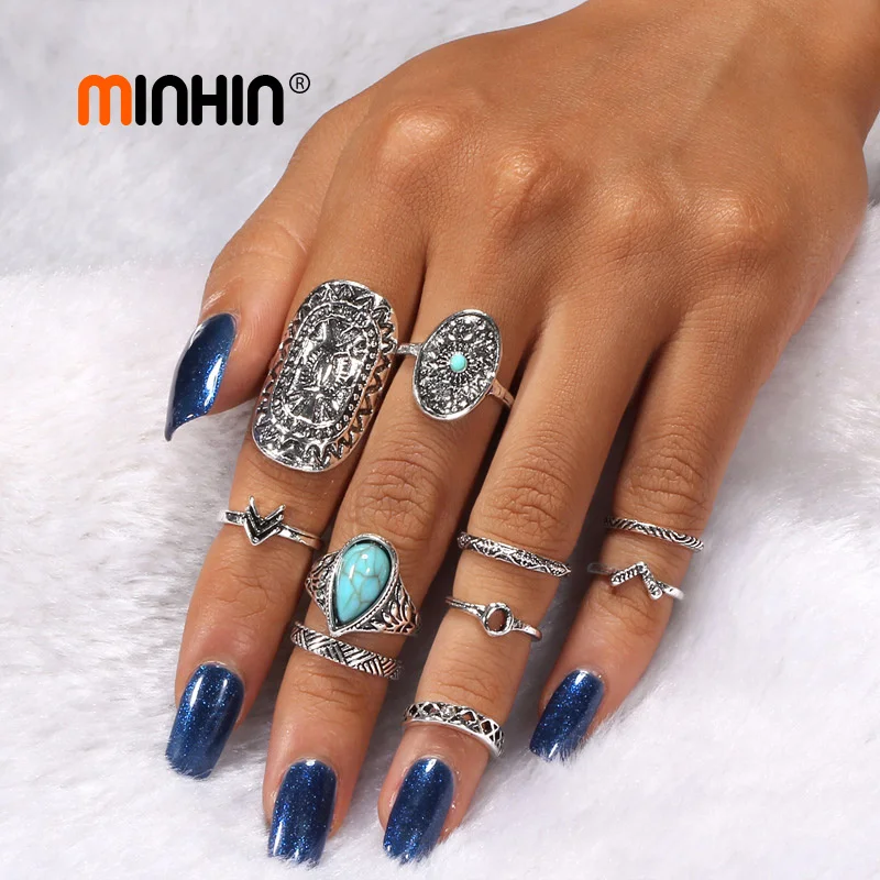 

MINHIN 10Pcs Midi Ring Sets Women Boho Beach Jewelry Vintage Tibetan Gold Silver Knuckle Rings Set Punk Indian Jewellery