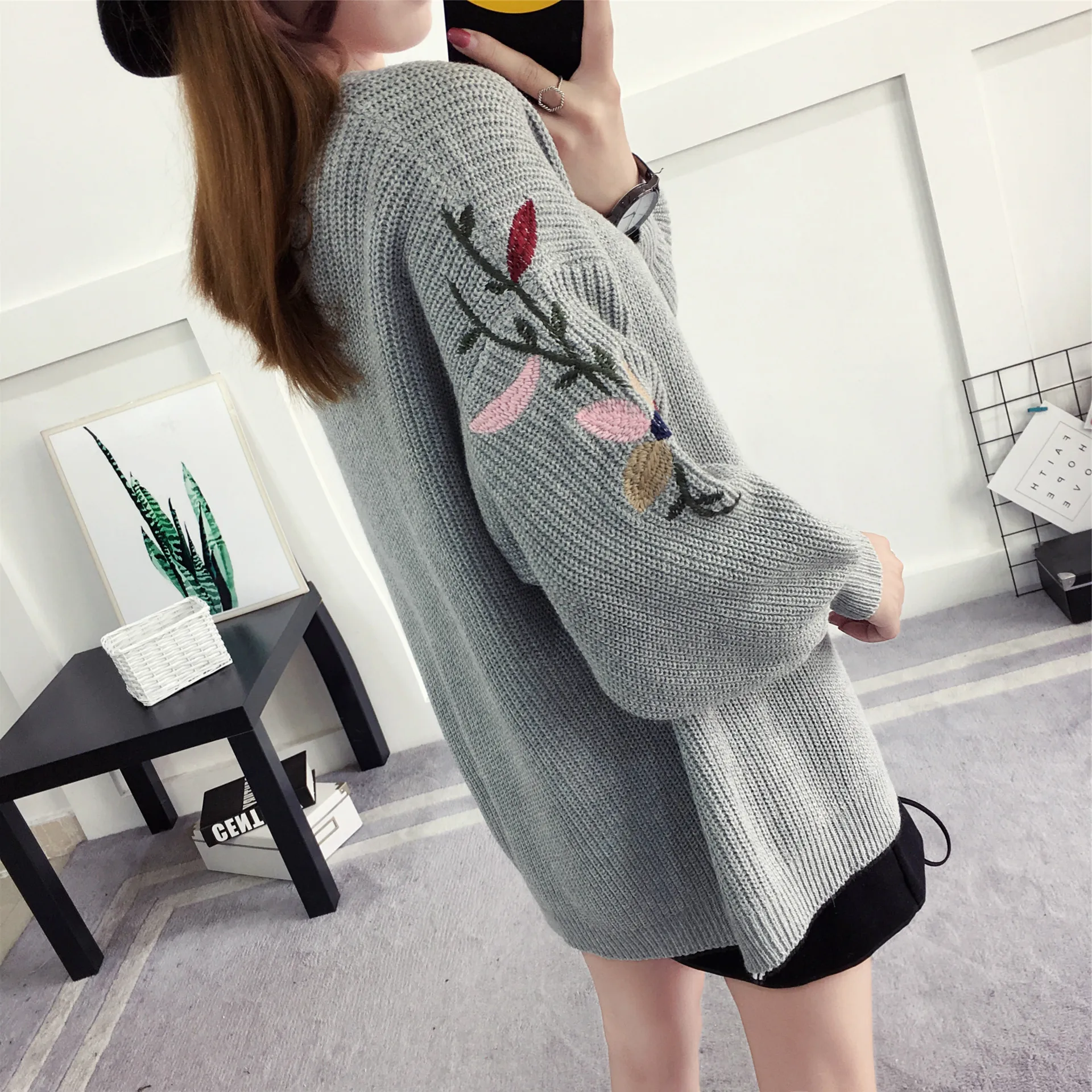 Женский кардиган свитер вышивка повседневные осенние и зимние свободные ...