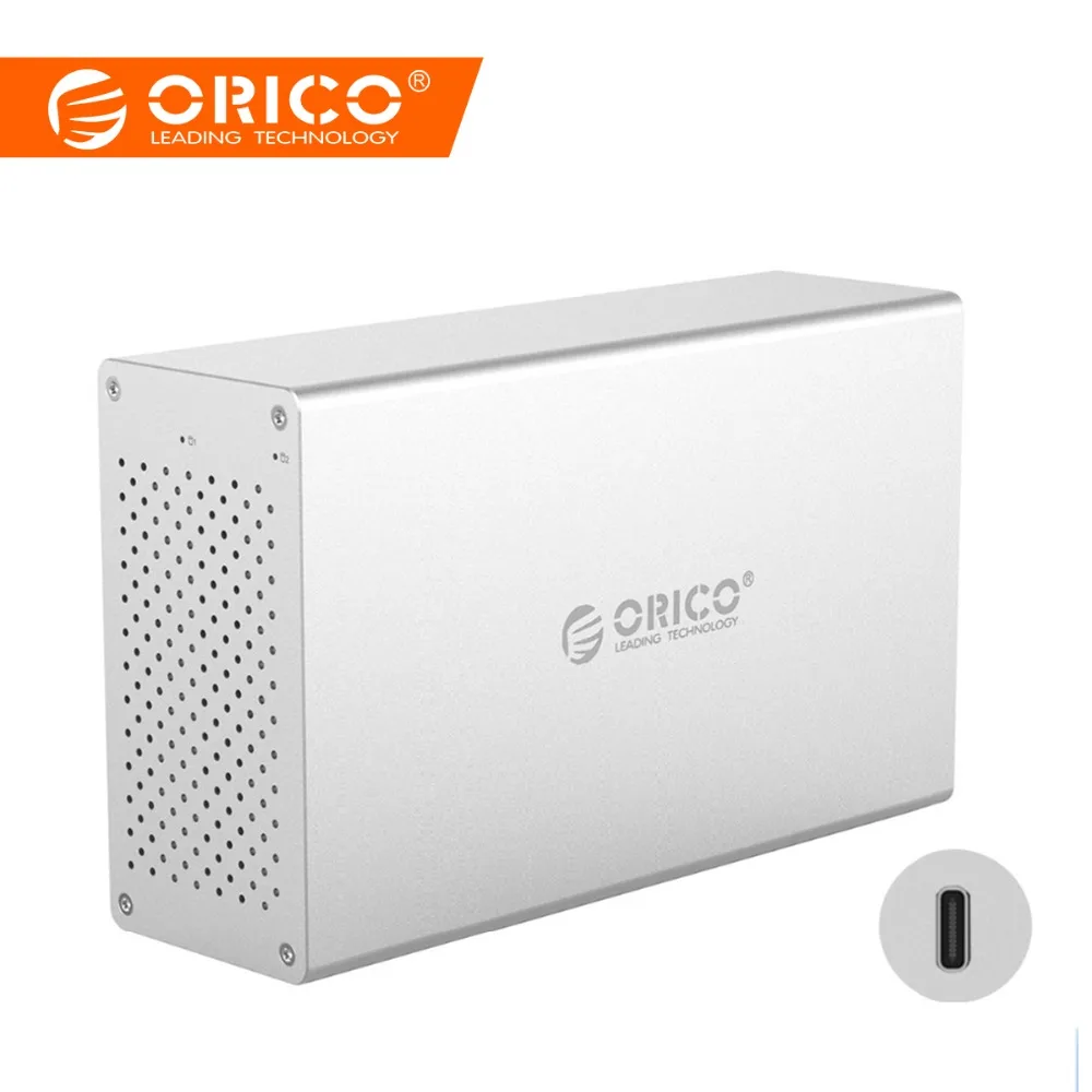 

ORICO 2 Bay Type-C Hard Drive Enclosure Support Raid0/1/JBOD 20TB Aluminum 5Gbps With 12V Power Adapter USBC HDD Docking Station