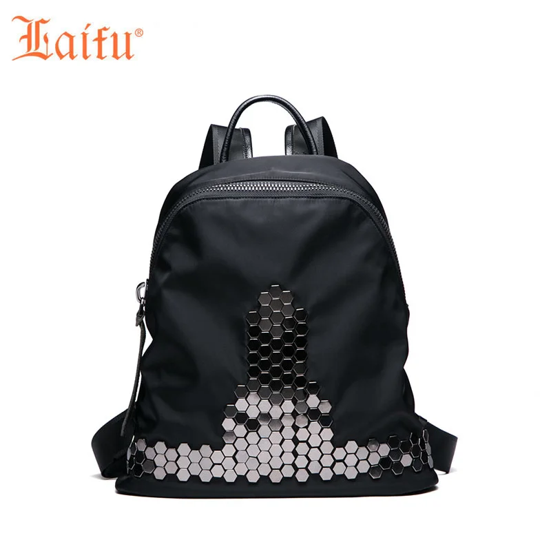

Laifu Women Nylon Rivet Backpack Waterproof Teenage Girls Schoolbag Europe America Style Weekend Shopping Travel, Black