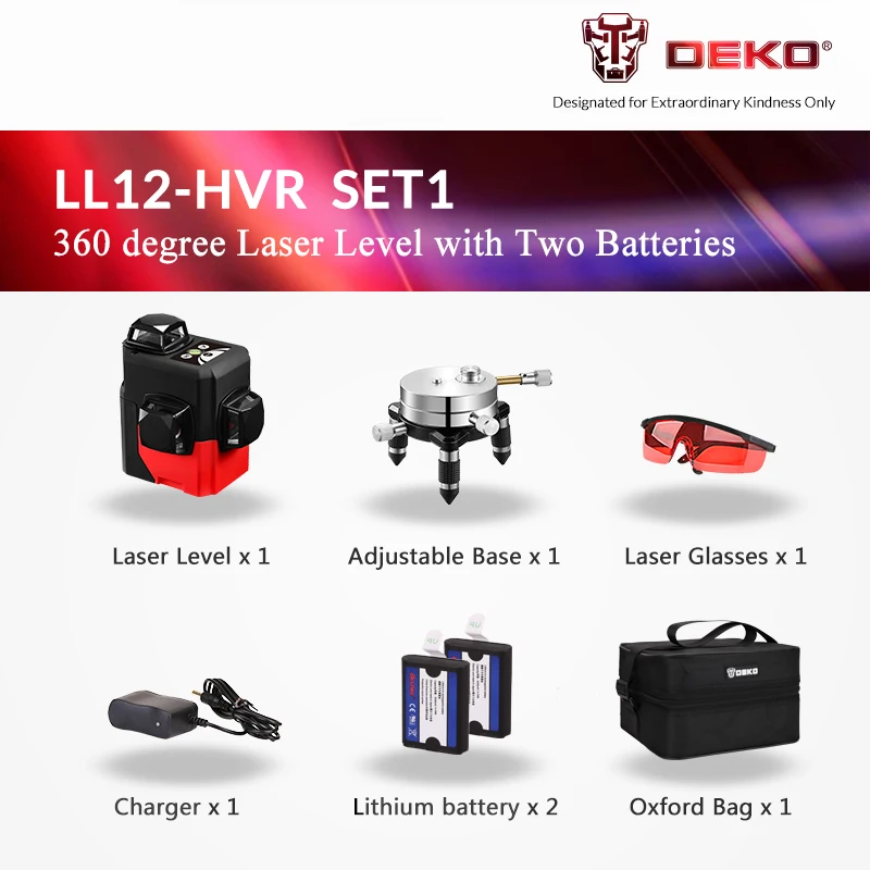 DEKO LL12-HVR, 12 линий, 360 градусов, поворотный лазерный уровень, самонивелирующийся, горизонтальный и вертикальный крест, мощный лазерный луч, красная линия