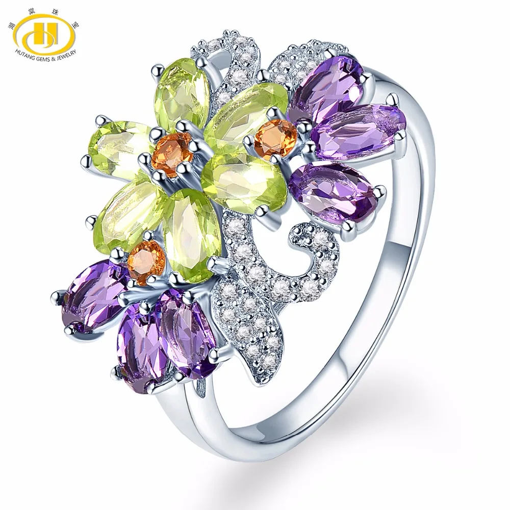 Hutang 925 Sterling Silver 3.11 Carats Natural African Amethyst Peridot Flower Fine Fashion Multi Gemstone Jewelry for Gift Hutang 925 Sterling Silver 3.11 Carats Natural African Amethyst Peridot Flower Fine Fashion Multi Gemstone Jewelry for Gift