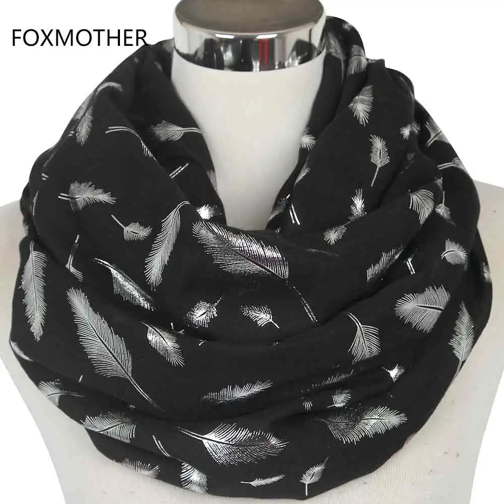 Черный FOXMOTHER модные женские белые темно-синие желтые бронзовые фольга Серебряное перо кольцо шарфы шейный шарф блестящий платок - Цвет: Черный