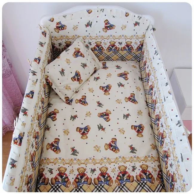 

Promotion! 6PCS Bear baby bed sheet toddler's bedding 100% cotton set for newborn (bumpers+sheet+pillow cover)