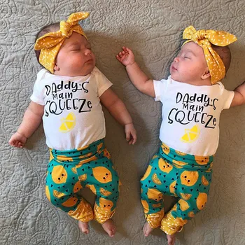 

2019 Hot Sale Summer Infant Baby Boys Girls Letter Lemon Cartoon Romper Jumpsuit Pants Set Fashion Outfits Kız Bebek Giyim