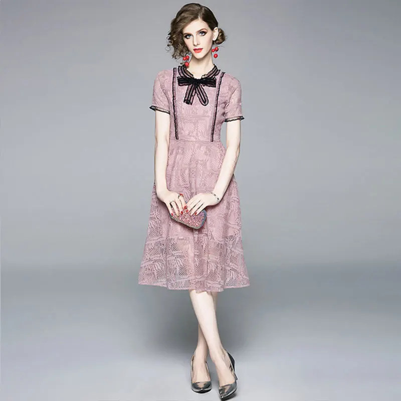 

Women Evening Party Dress 2019 New Women's High-end Lace Stitching Dress Fashion Slim Slimming Dress Short Sleeve Women Clothes